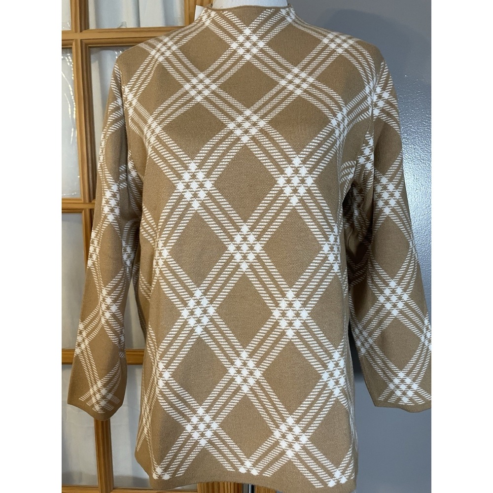 Anne Klein Diamond Plaid Sweater Sz M Pullover Mock Neck Tan White Knit $95